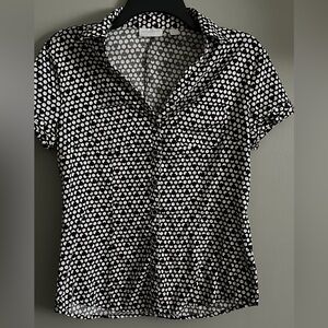 New York & Company Black and White Polka Dot Blouse logo on sleeves size M
